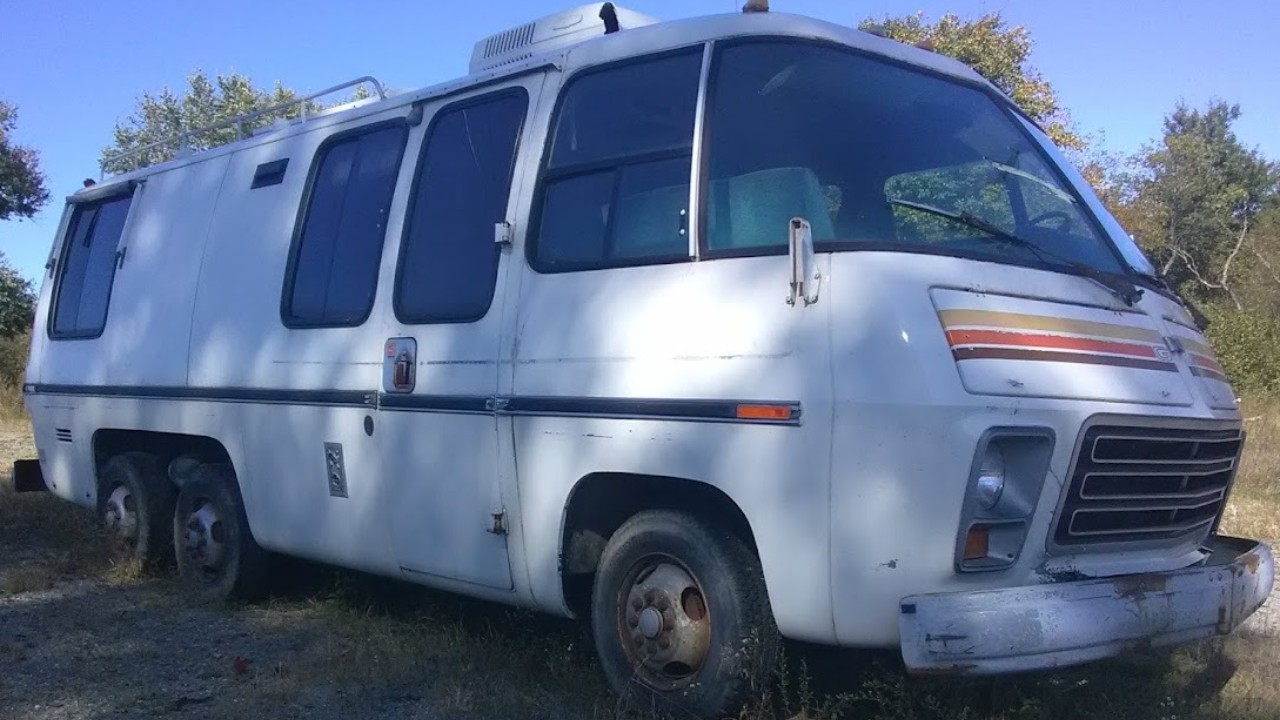 A 1973-1978 GMC Motorhome, front three-quarter view