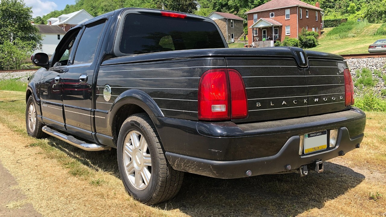 A 2002 Lincoln Blackwood from the rear