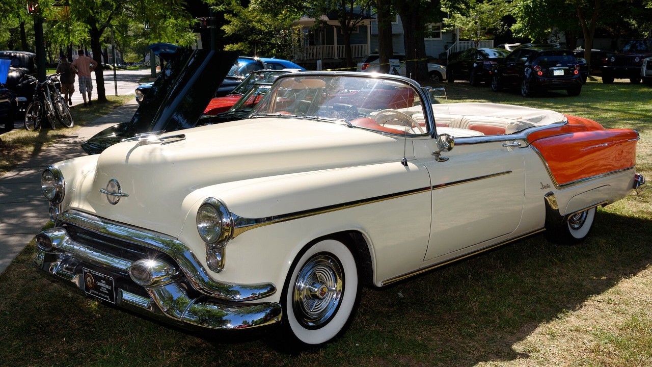 A white 1953 Oldsmobile Fiesta convertible