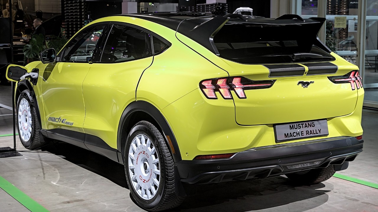 A Ford Mustang Mach-E Rally, whose wheels and steering rack go into the 2027 Mustang Mach-E Trail package