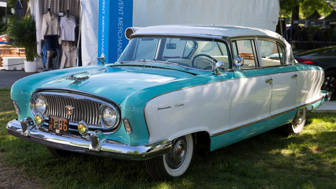 A 1955 Nash Ambassador Custom sedan in turquoise and white