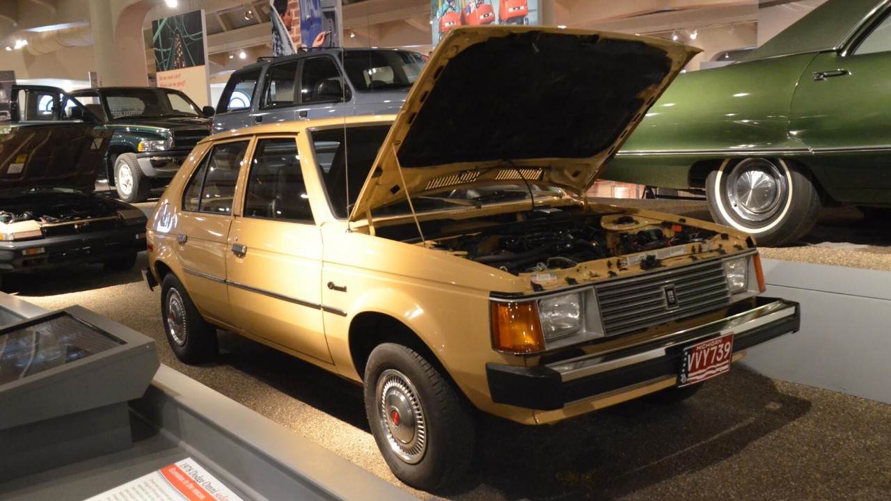 A 1978 Dodge Omni at The Henry Ford, shown with its hood open