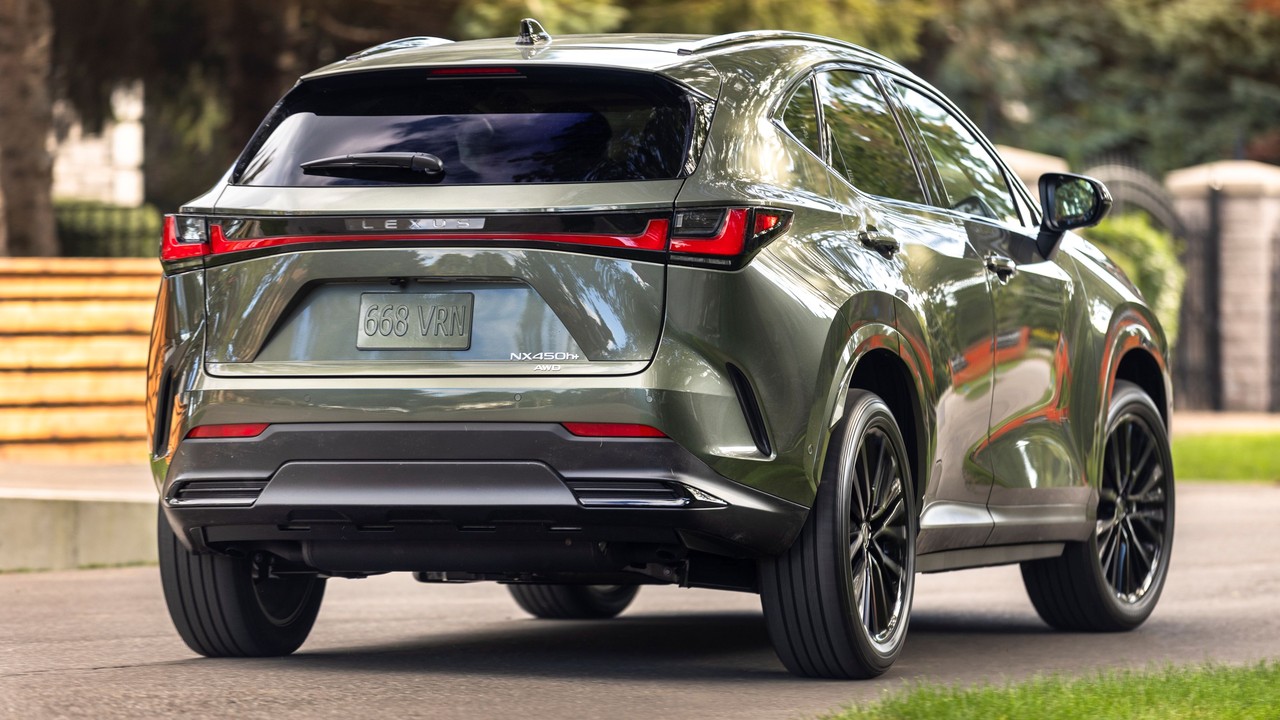 The 2027 Lexus NX 450h+ plug-in hybrid in Shaded Ivy from the rear