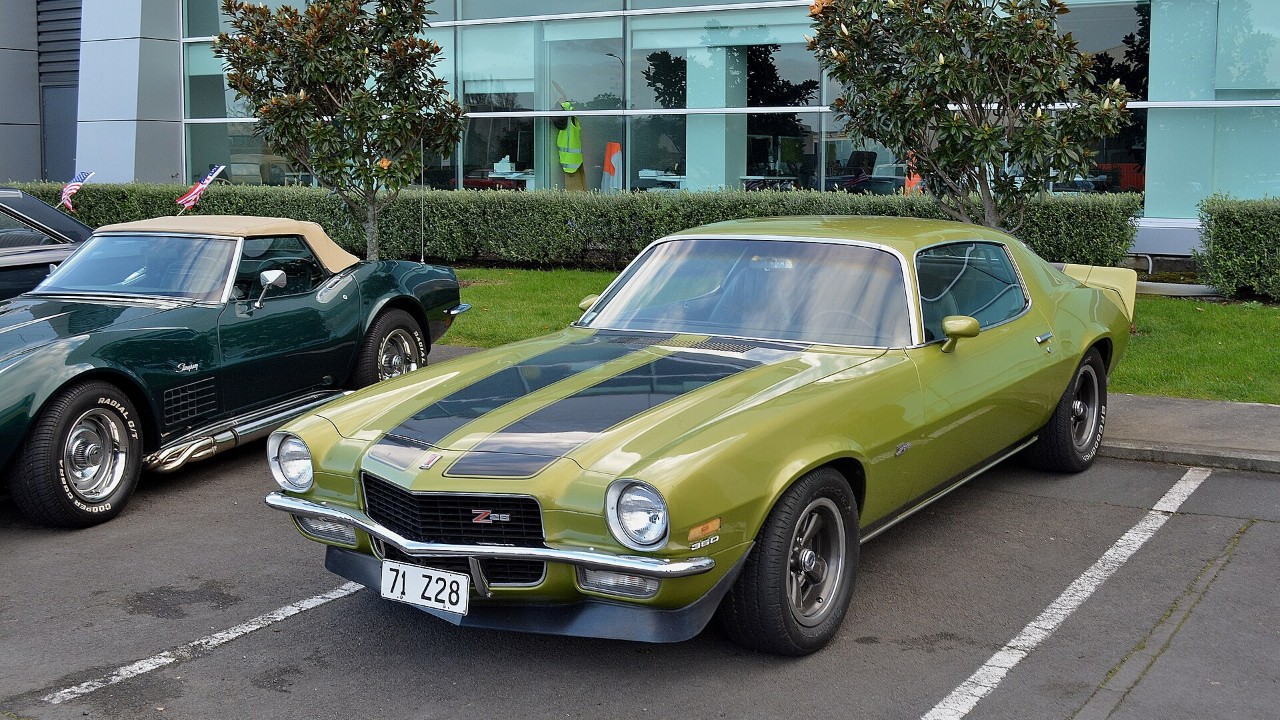 A green 1973 Chevrolet Camaro Z28