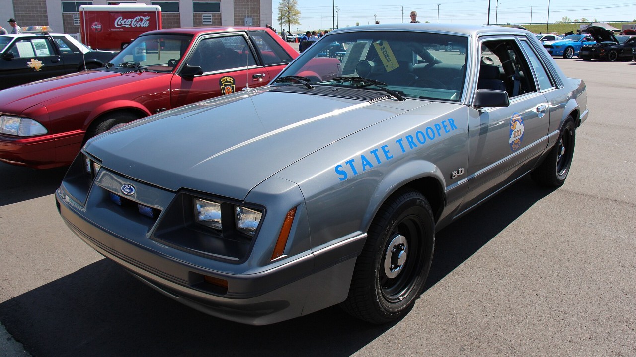 A 1985 Ford Mustang SSP police coupe