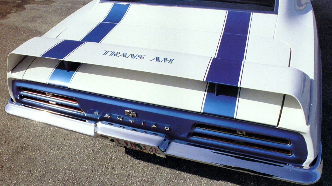 The rear deck of a 1969 Pontiac Firebird Trans Am; the 1969 Trans Am convertible shared its package