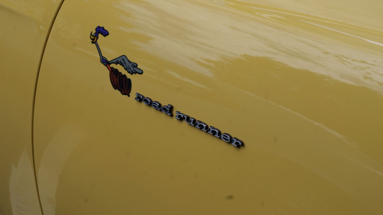 The Road Runner cartoon emblem on a 1969 Plymouth Road Runner, the bird behind the Road Runner horn