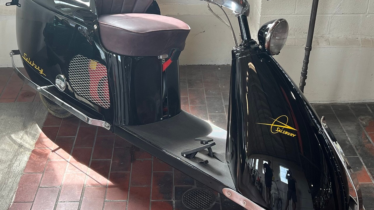 A 1947 Salsbury Model 85 Standard scooter at the Lane Motor Museum