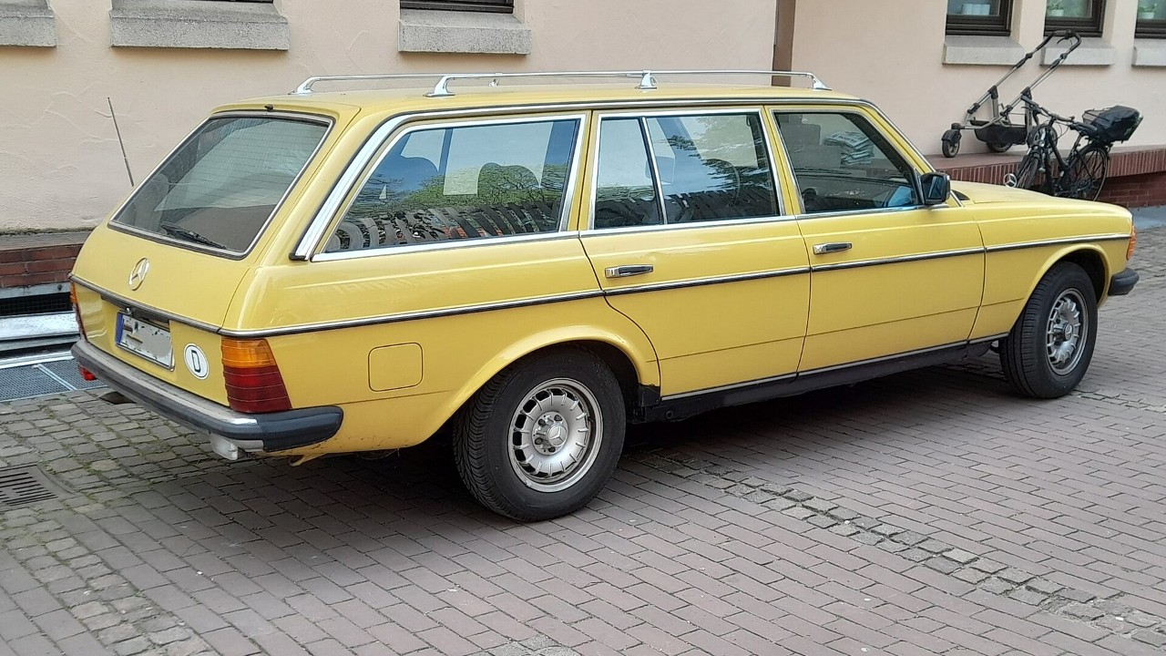 A Mercedes-Benz W123 T-Model wagon, the body style of the Mercedes 300TD