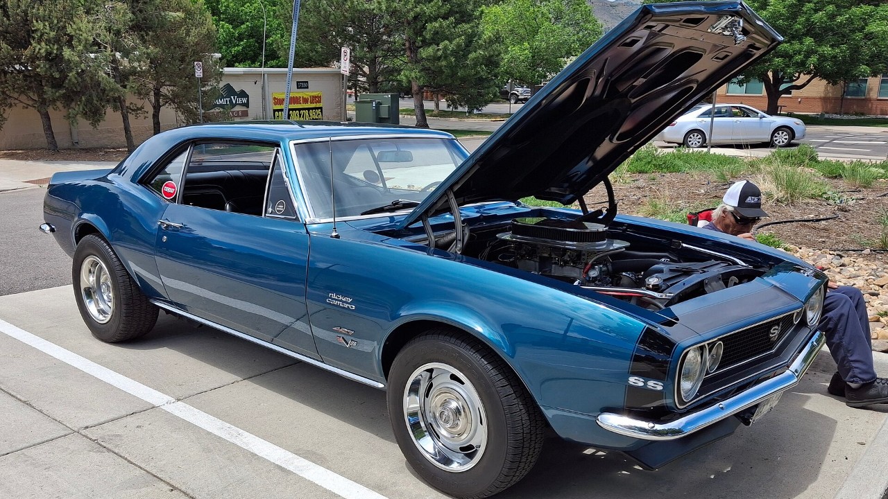 A 1967 Chevrolet Camaro SS 427 with Nickey Chevrolet history, hood open