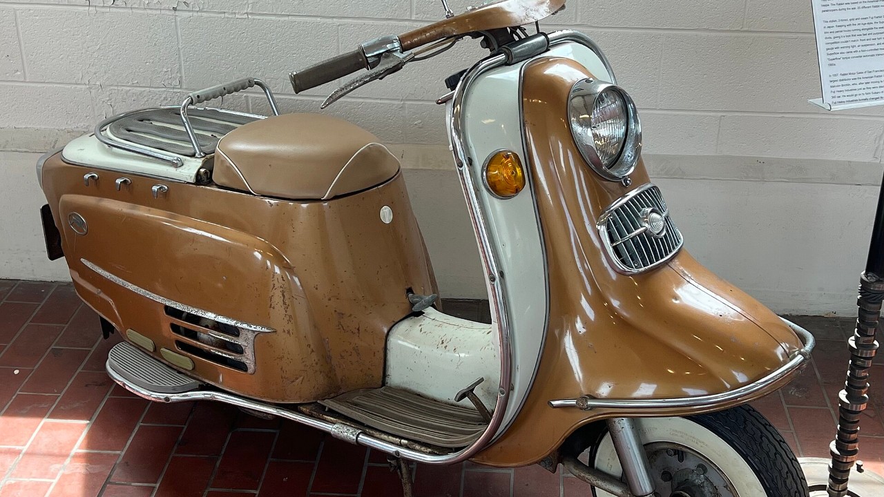 A 1963 Fuji Rabbit Superflow S601 scooter at the Lane Motor Museum