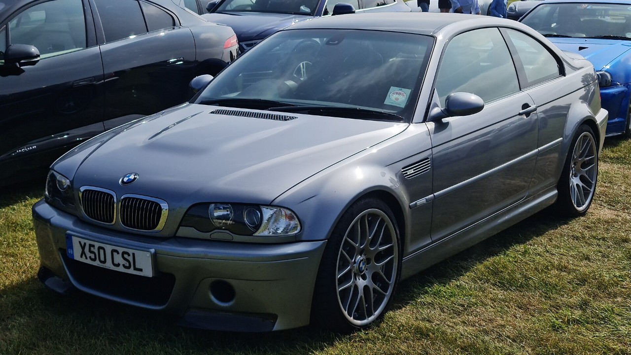 A silver BMW M3 CSL (E46)