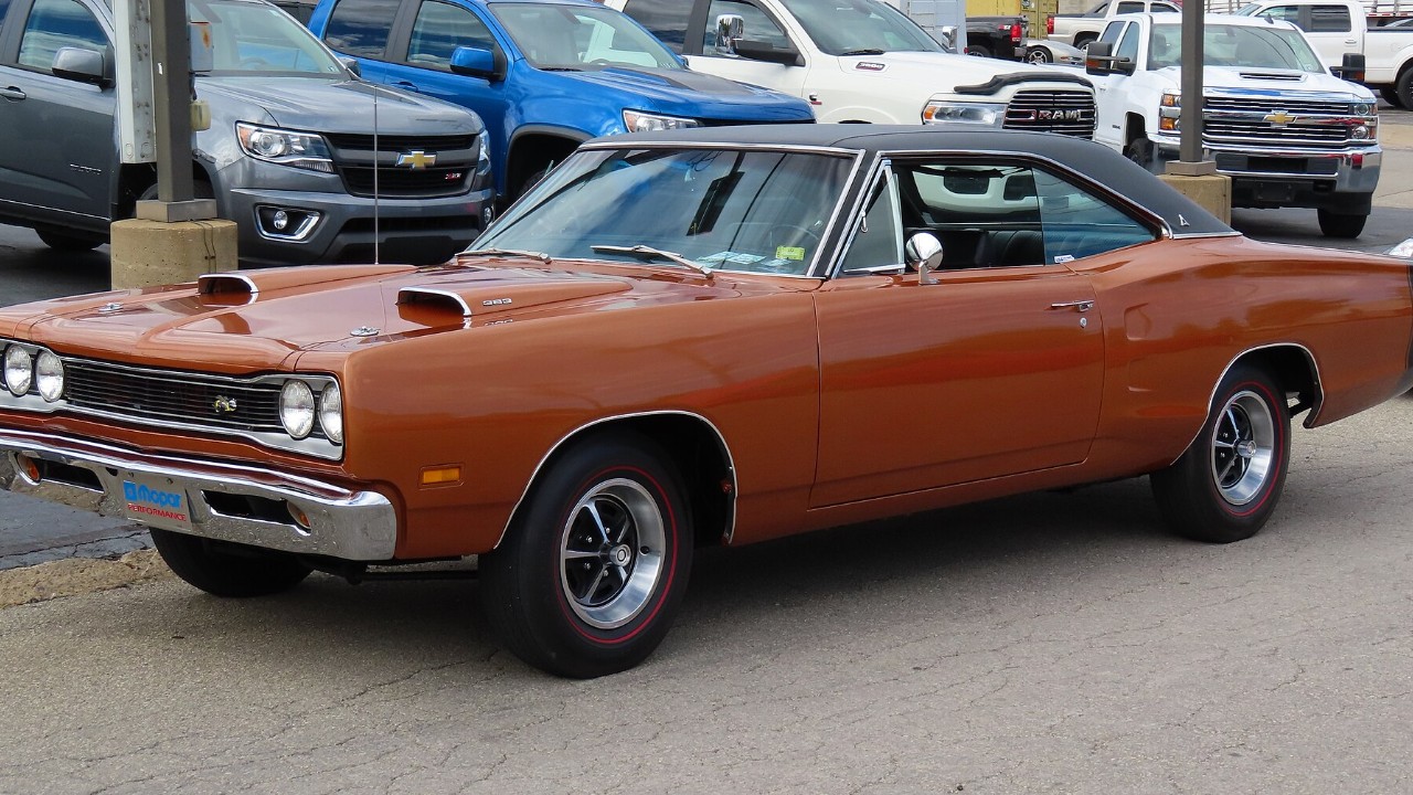A 1969 Dodge Coronet Super Bee with its twin hood scoops