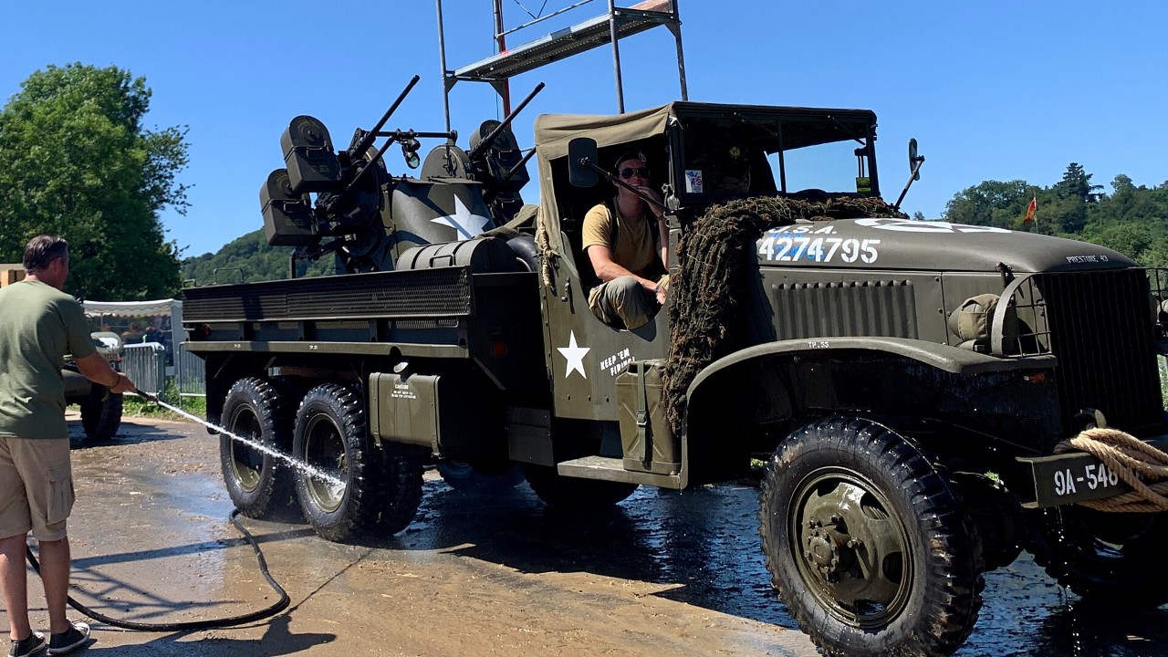 A GMC CCKW-353, the most numerous of these WWII trucks, with an M45 Quadmount