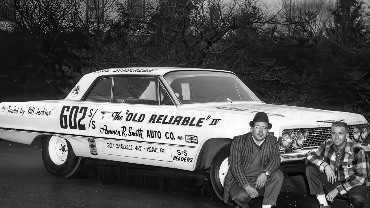 Drag racers Grumpy Jenkins and Dave Strickler with their 1963 Chevrolet Impala Z11