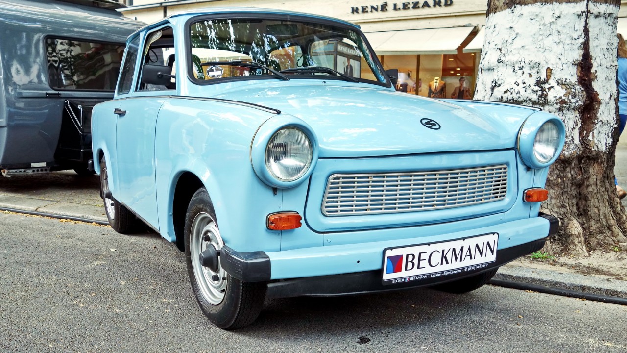 A light blue Trabant P601 sedan